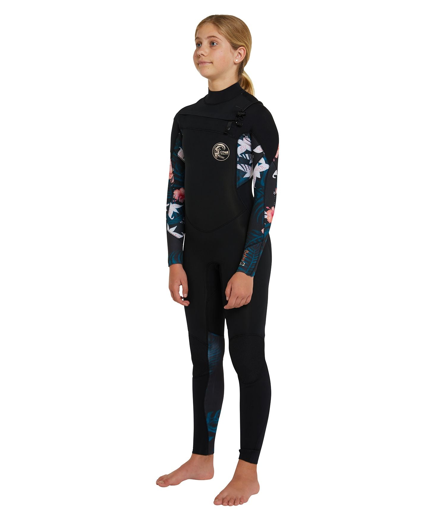 Girl's Bahia 3/2mm Steamer Chest Zip Wetsuit - Black Hibiscus