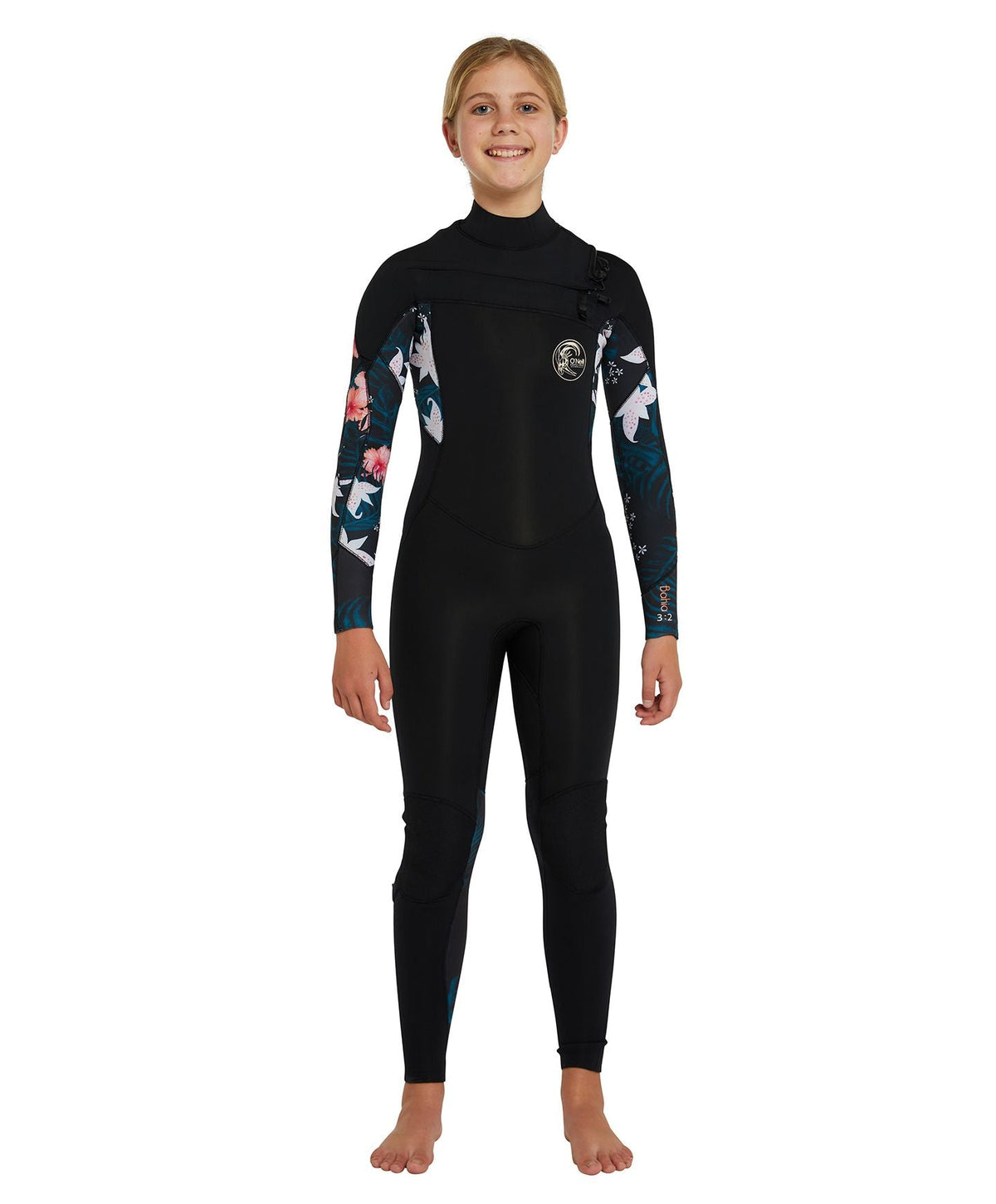 Girl's Bahia 4/3mm Steamer Chest Zip Wetsuit - Black Hibiscus