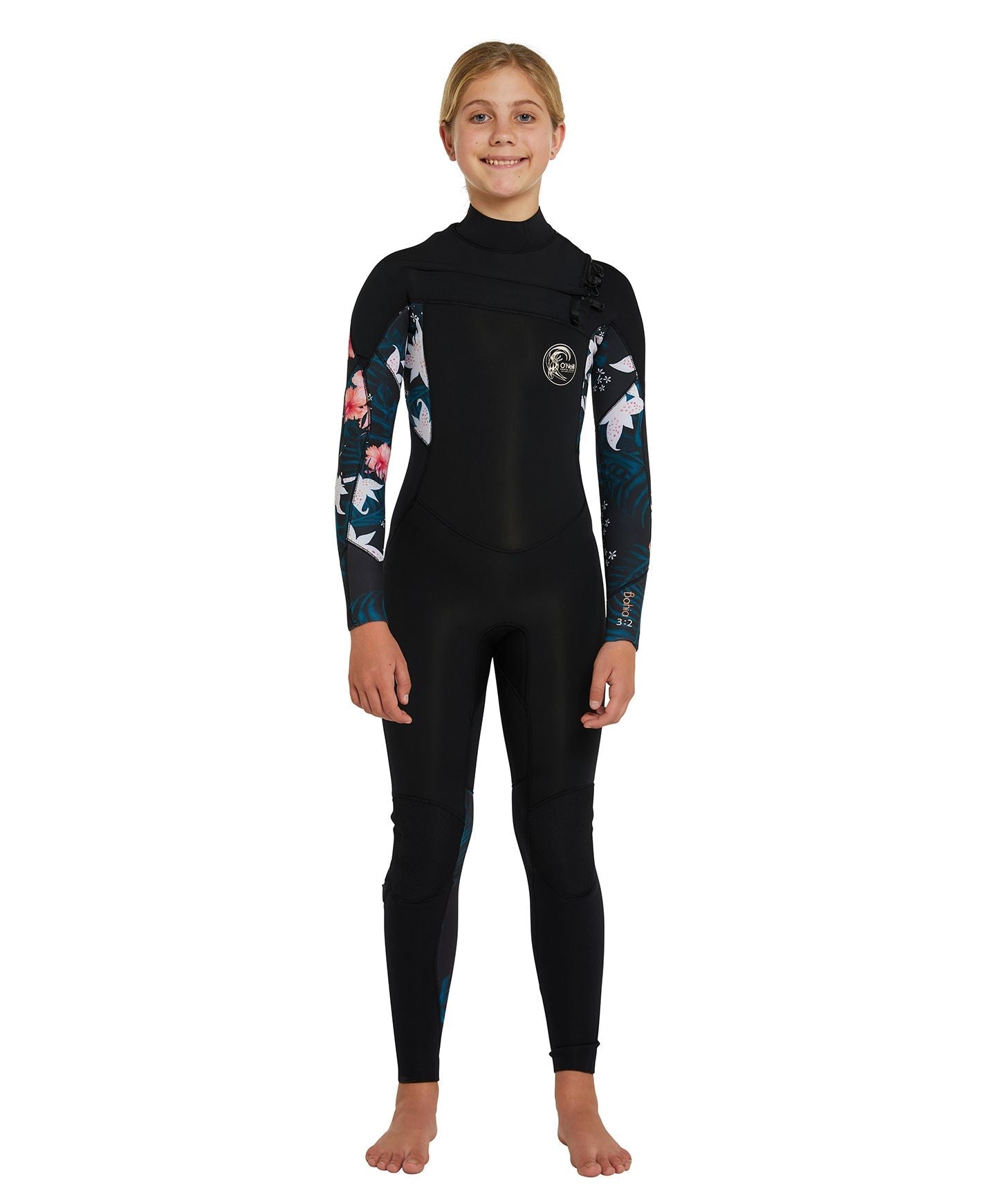 Girl's Bahia 4/3mm Steamer Chest Zip Wetsuit - Black Hibiscus