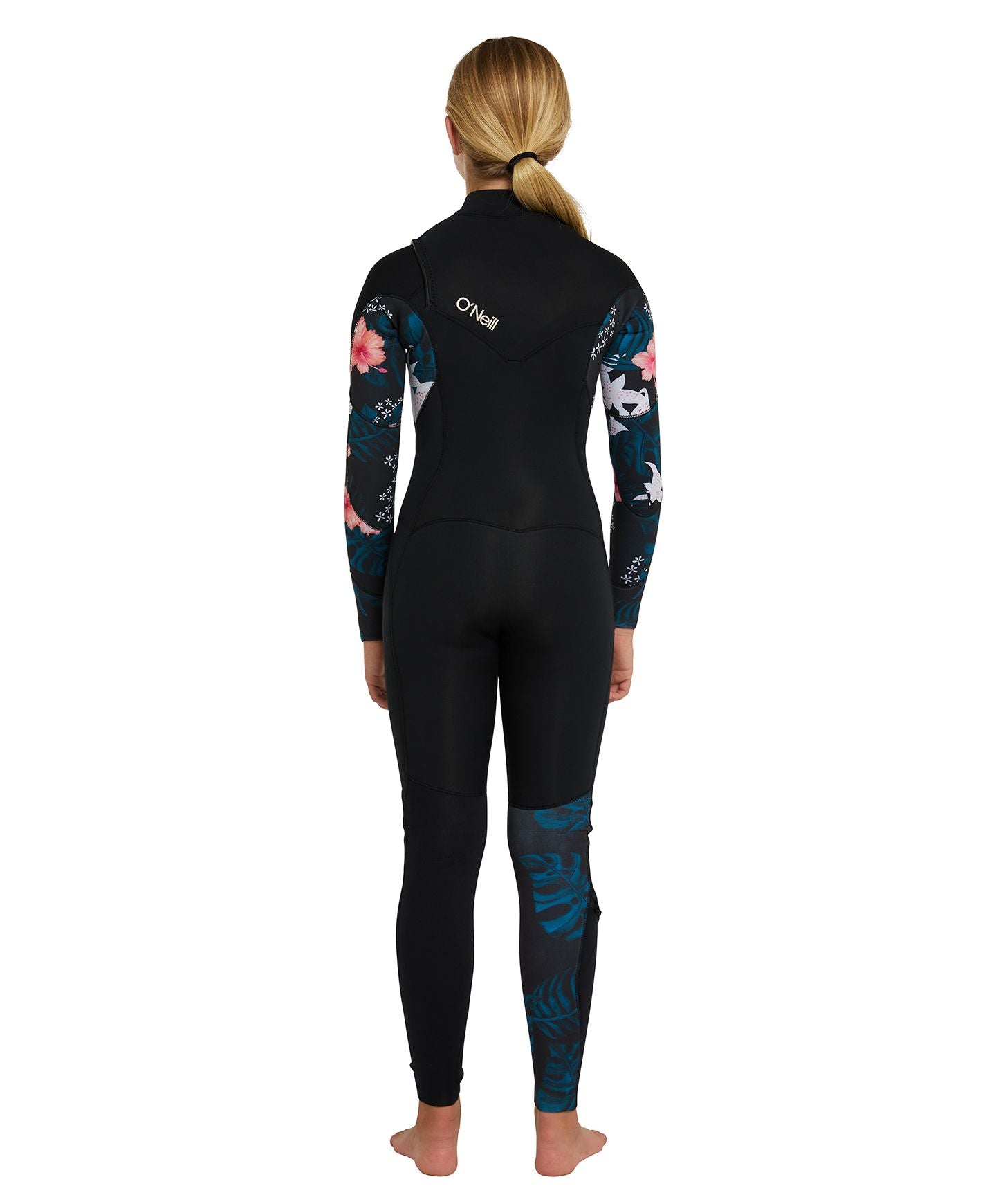 Girl's Bahia 4/3mm Steamer Chest Zip Wetsuit - Black Hibiscus