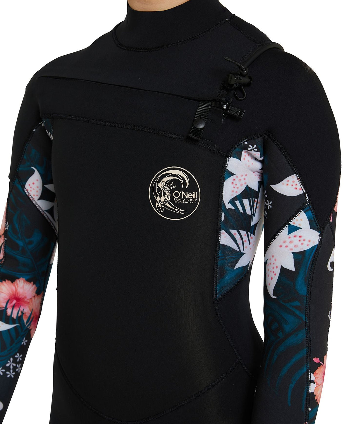 Girl's Bahia 4/3mm Steamer Chest Zip Wetsuit - Black Hibiscus