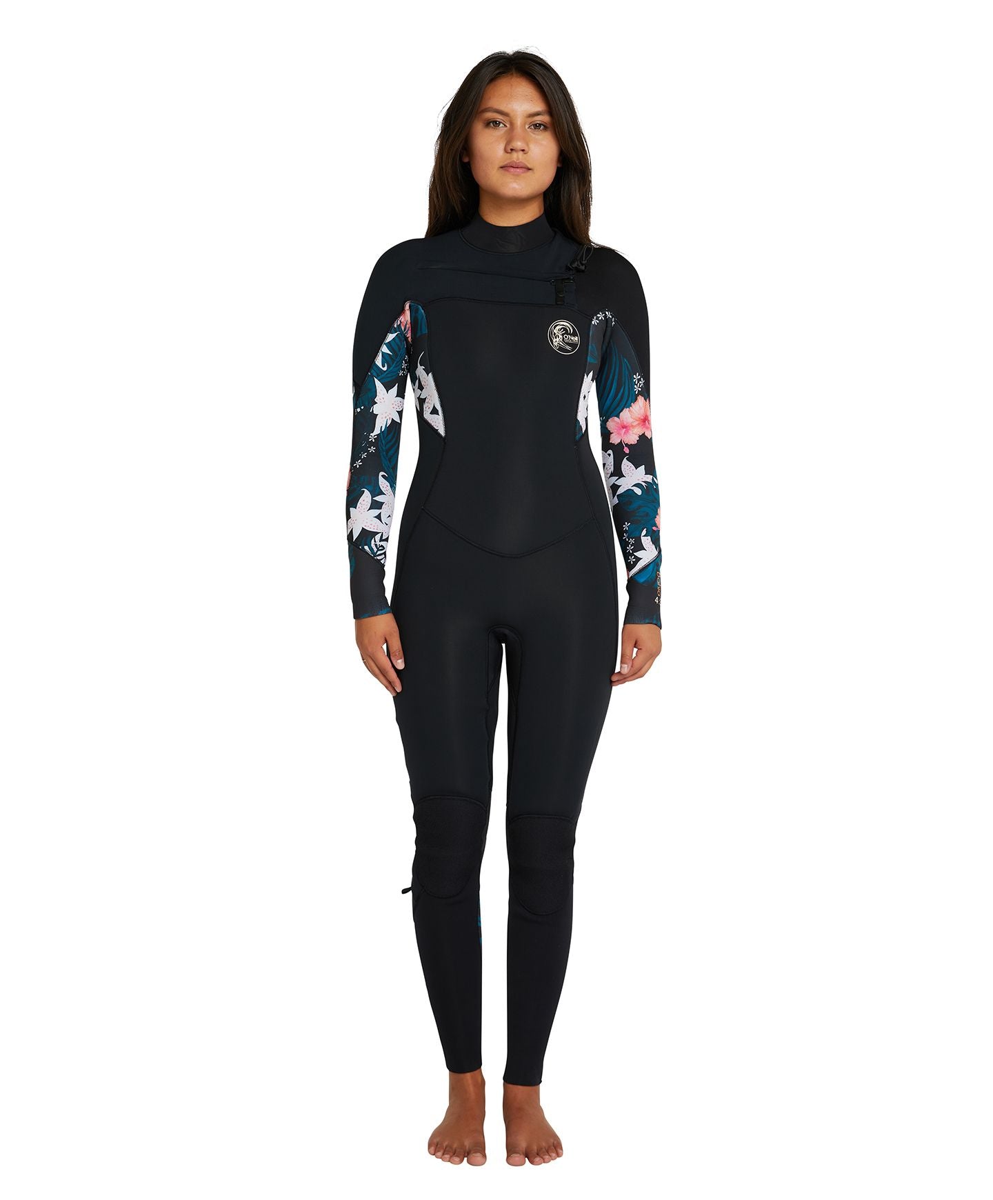 Women's Bahia 4/3mm Steamer Chest Zip Wetsuit - Black Hibiscus