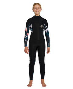 Girls Bahia 4/3mm Steamer Chest Zip - Black Hibiscus